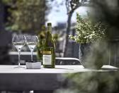 En flaske hvitvin og to fylte vinglass står på et bord utendørs. Ved siden av dem står et lite fat med mørke kirsebær. En plante og uskarpe grøntområder rammer inn scenen, og antyder en avslappet, solrik atmosfære.