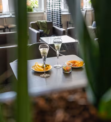 To champagneglass og tallerkener med snacks på et bord i et koselig, moderne rom med sitteplasser. Store grønne blader rammer delvis inn forgrunnen, og gir et snev av natur til innendørsmiljøet.